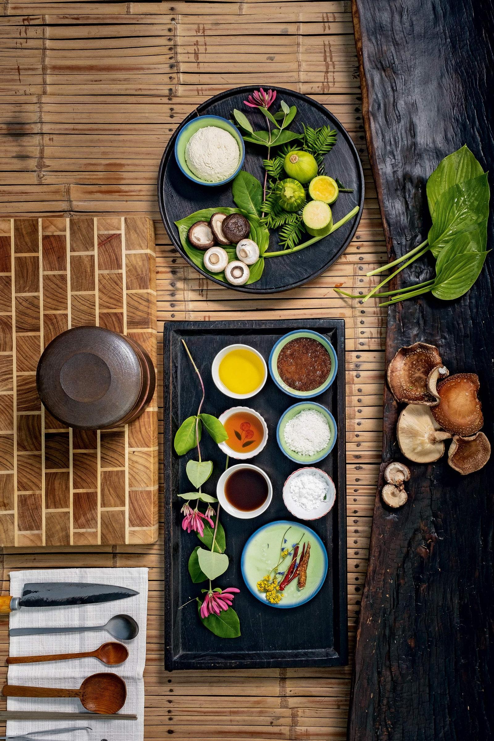 Freshly foraged ingredients to be prepared by Jeong Kwan